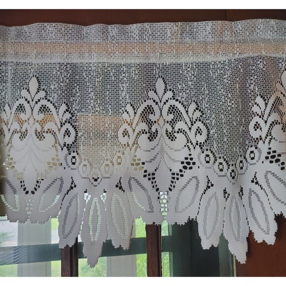 1 Off White Battenburg Lace Valance Scalloped Victorian 60"L X 17.5"H Pocket Rod - Picture 4 of 8